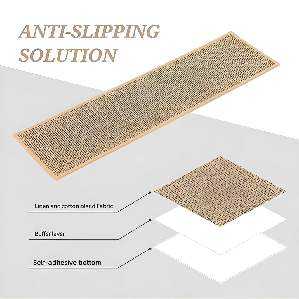Japanese-style linen-look stair runner mat in camel colour on wooden steps