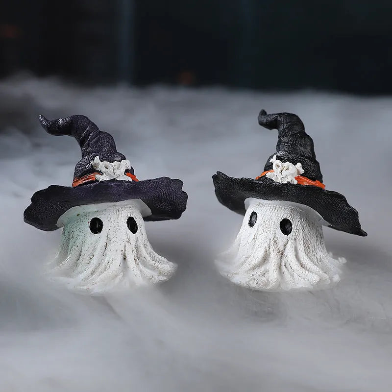 Purple and black solid resin wizard hat ghost ornaments for Halloween and Christmas decor.