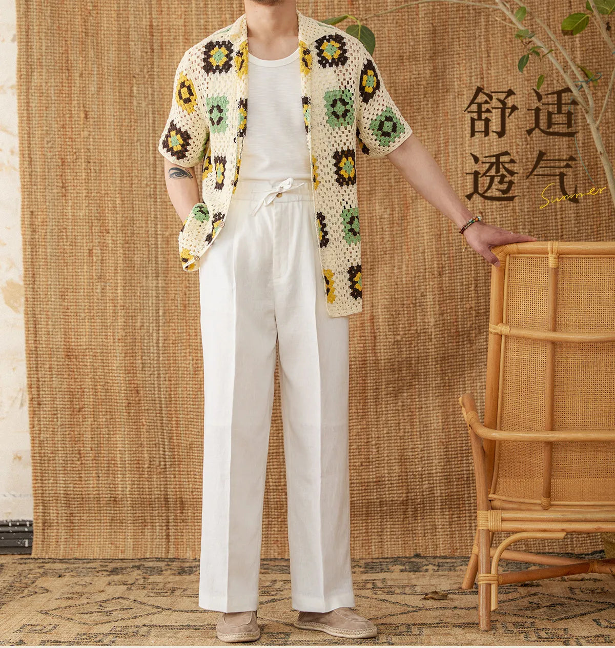 Straight-leg linen trousers with elasticated high waist in greige, navy blue, and white colours
