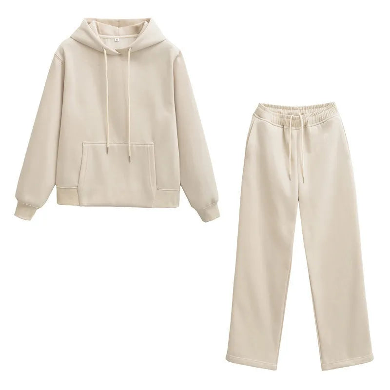 Women's hooded sweater and wide-leg pants set in solid colour polyester blend, beige top and camel trousers
