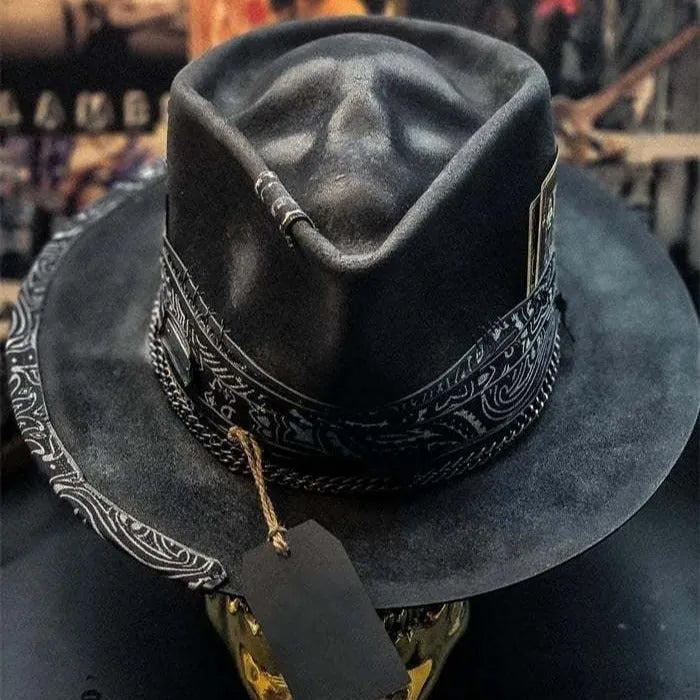 Handmade wool felt denim Halloween skull hat with conical crown in skull design