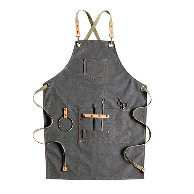 Canvas apron with cross back straps in camel colour for café or baking work