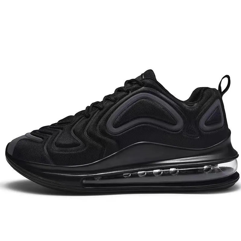 Men's black lace-up sneakers with a thick sole and round toe for outdoor sports.