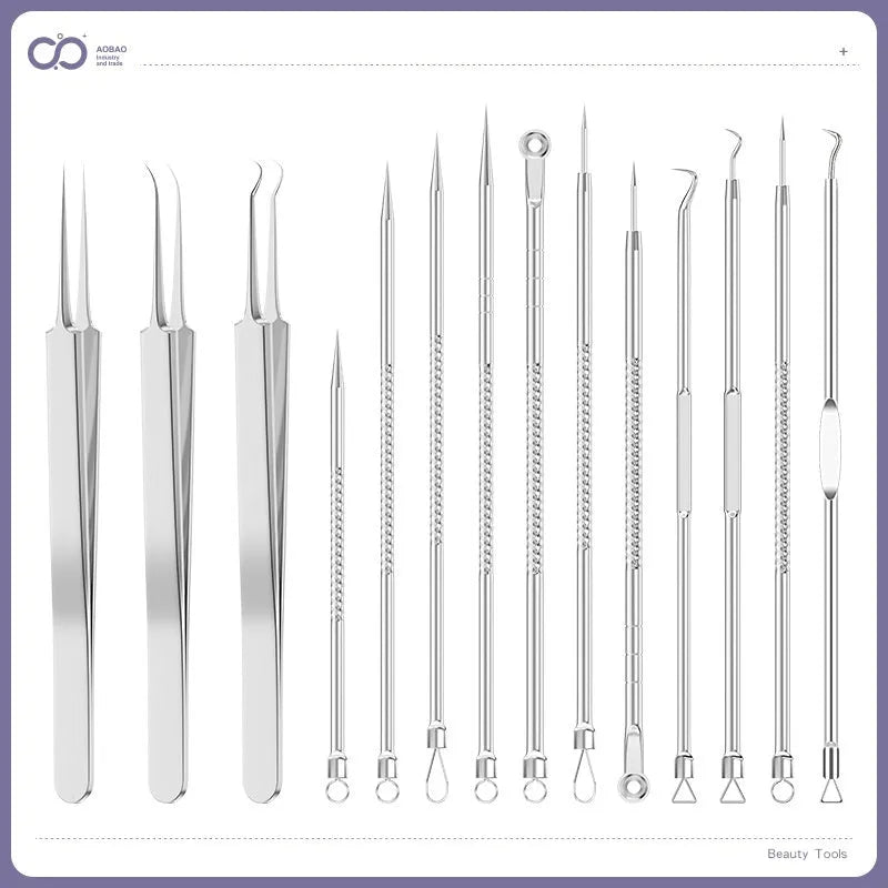 Four-piece metal acne needle set with ultra-fine pointed tips and clips on a white background