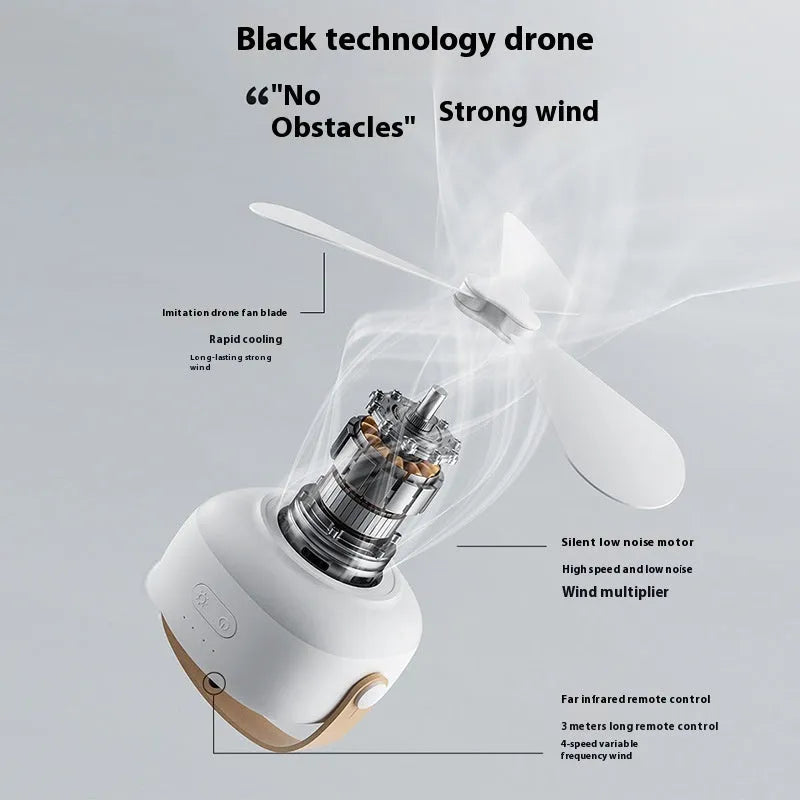 Small white rechargeable ceiling fan with fan blades and night light, hanging from a metal wire bracket for camping