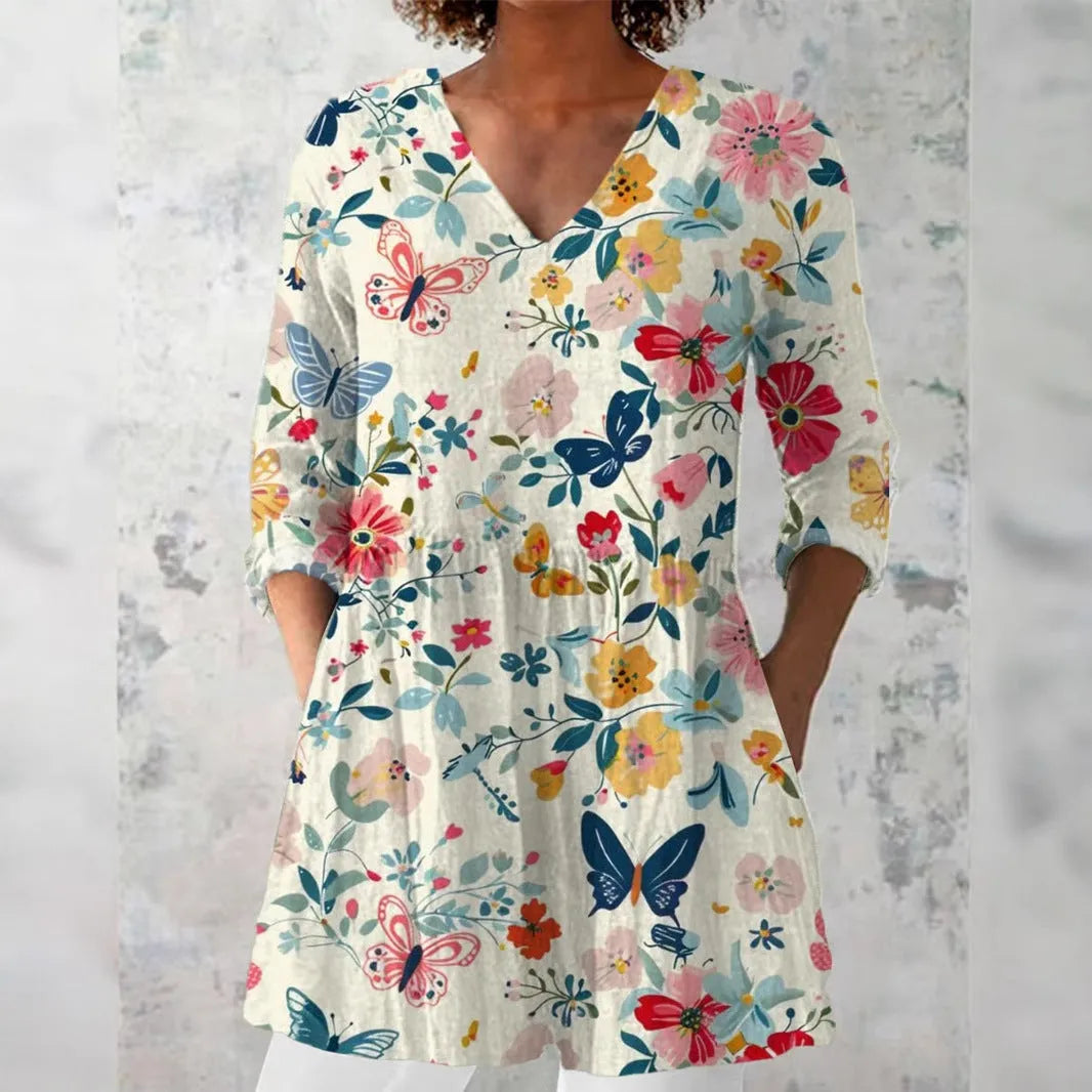 Women's retro slim fit long-sleeved top with a digital print pattern in a colour style variant.