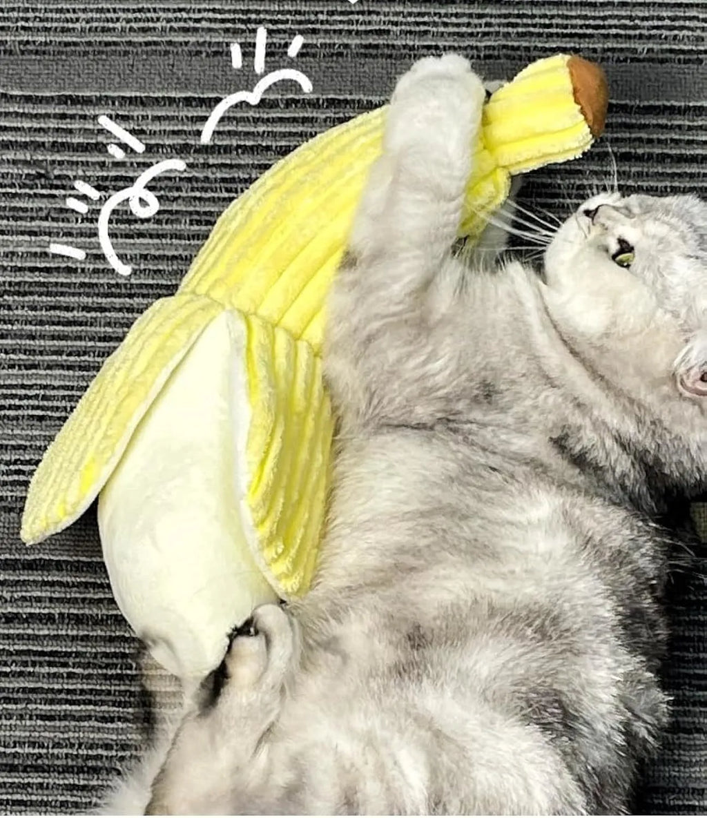 Yellow banana-shaped cat toy with soft plush texture and crinkle paper sound element