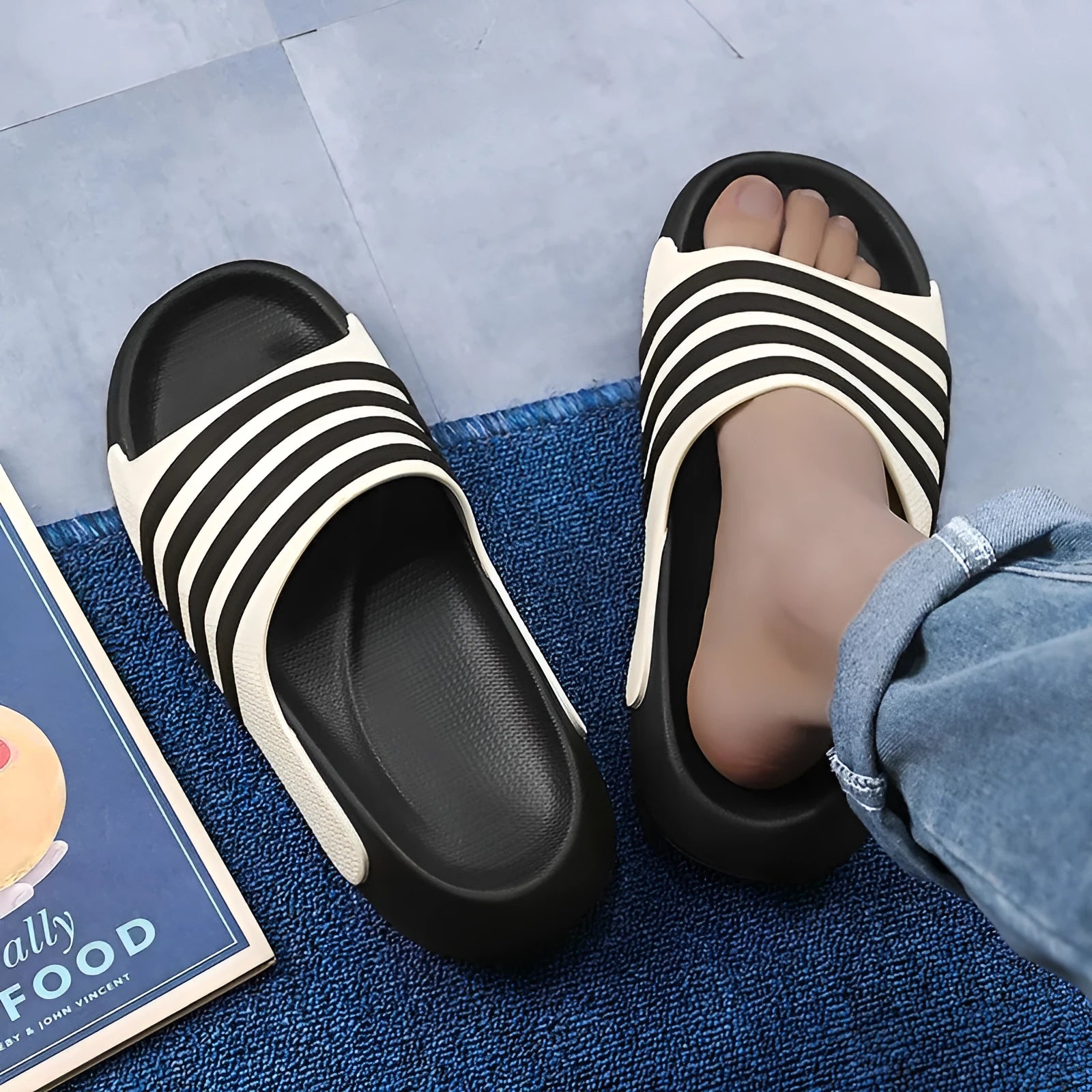 Unisex casual PVC and EVA slippers in beige, black and white, blue and white, or green colours.