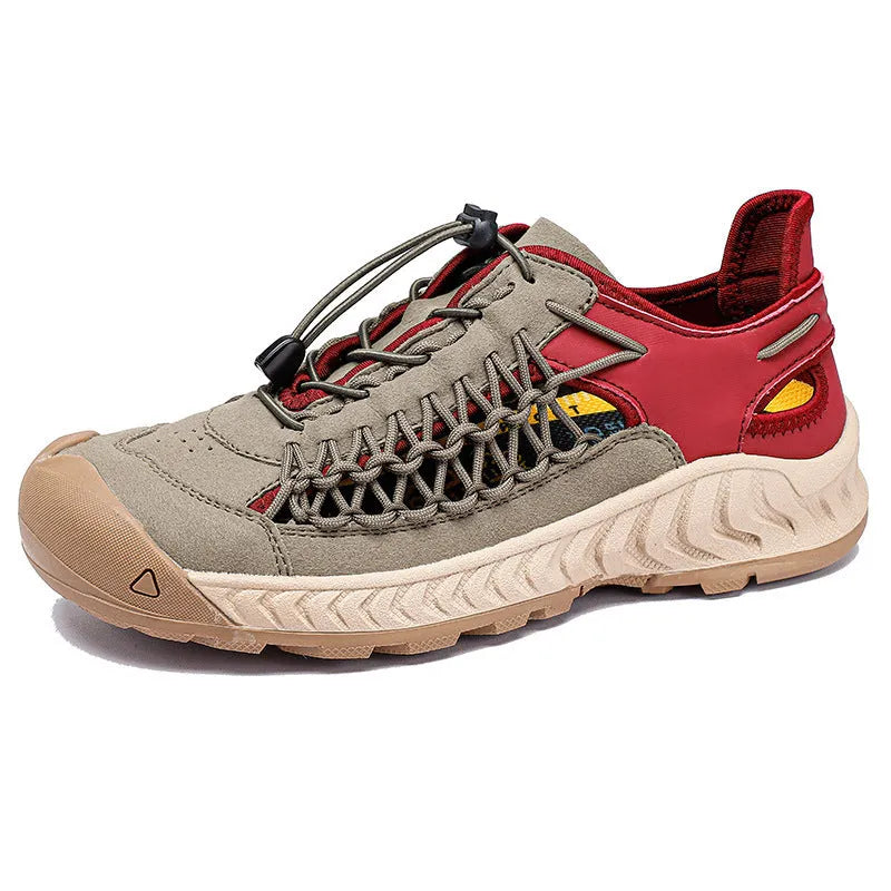 Men's casual sandals with closed toe, hand-woven PU leather upper, and elastic band closure