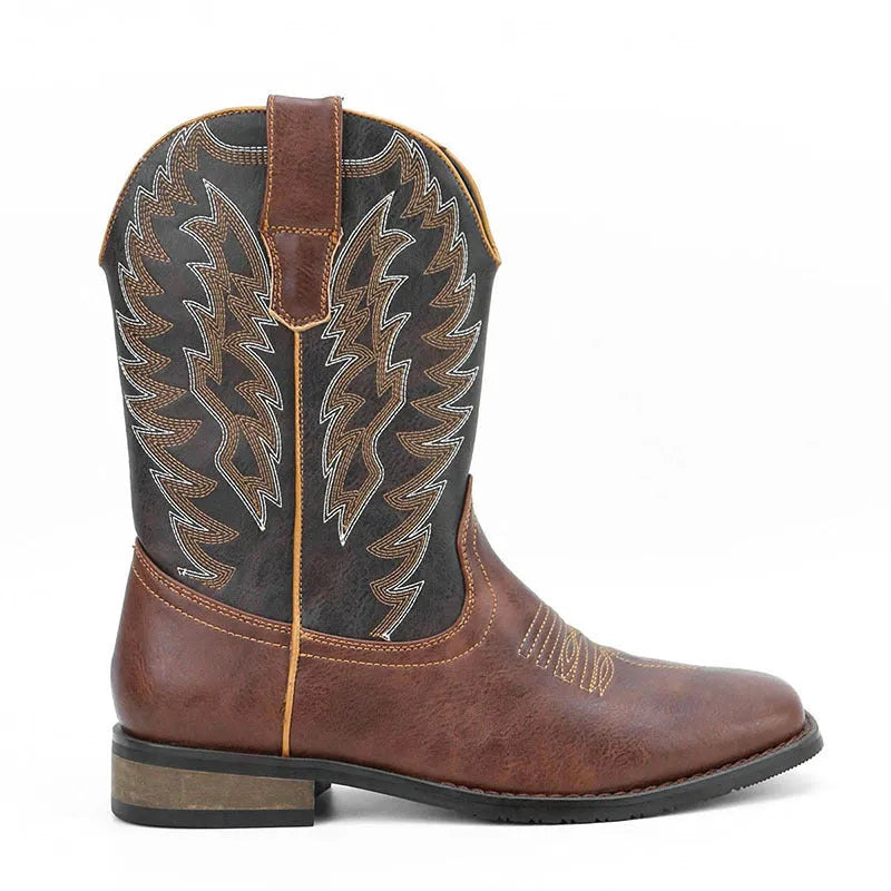 Men's western denim square toe motorcycle boots in artificial leather with low wedge heel