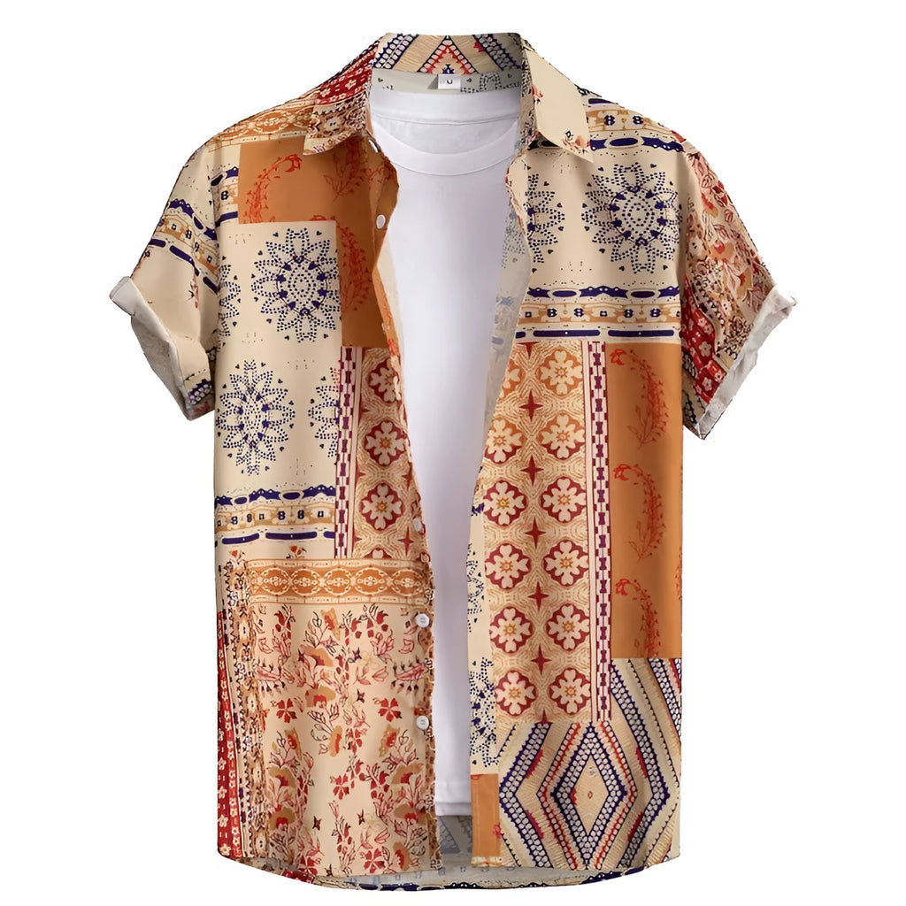 Men's slim fit Hawaiian shirt with digital printed pattern on elastic polyester fabric