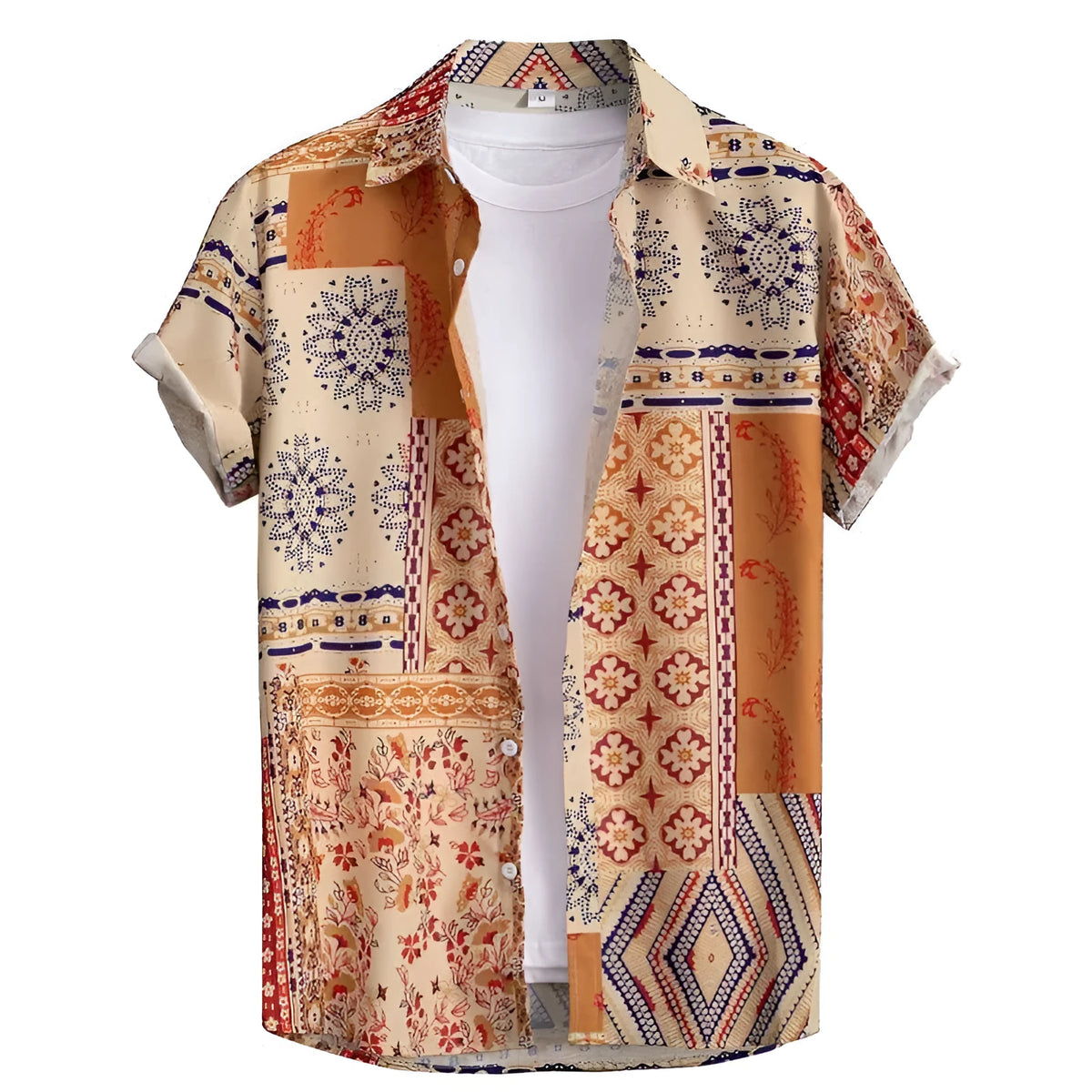 Men's slim fit Hawaiian shirt with digital printed pattern on elastic polyester fabric
