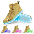 Adult unisex black LED high-top shoes with velcro strap and glowing sole lights.