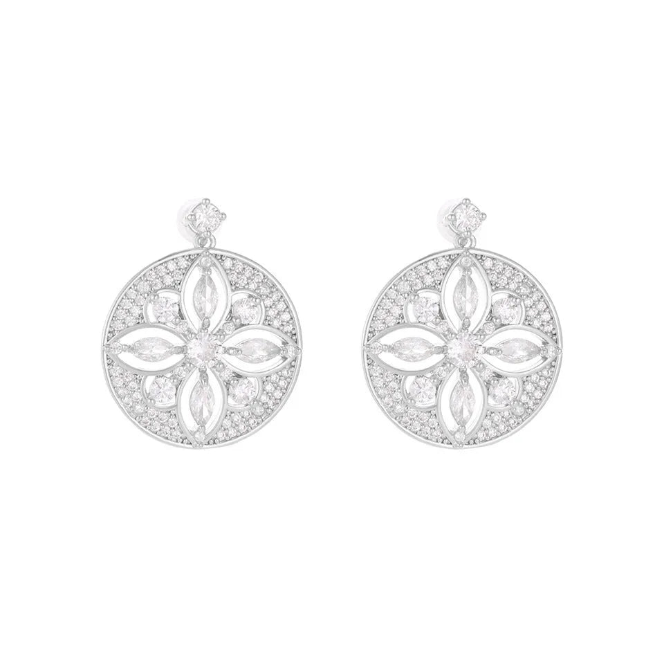 Hollow design zircon disc earrings for women copper electroplated white finish pair
