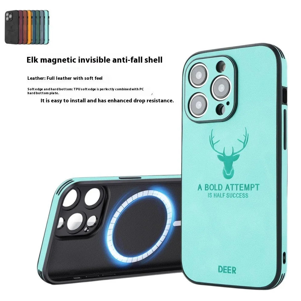 iPhone 16 magnetic case with an embossed moose head design in various colours on imitation leather.