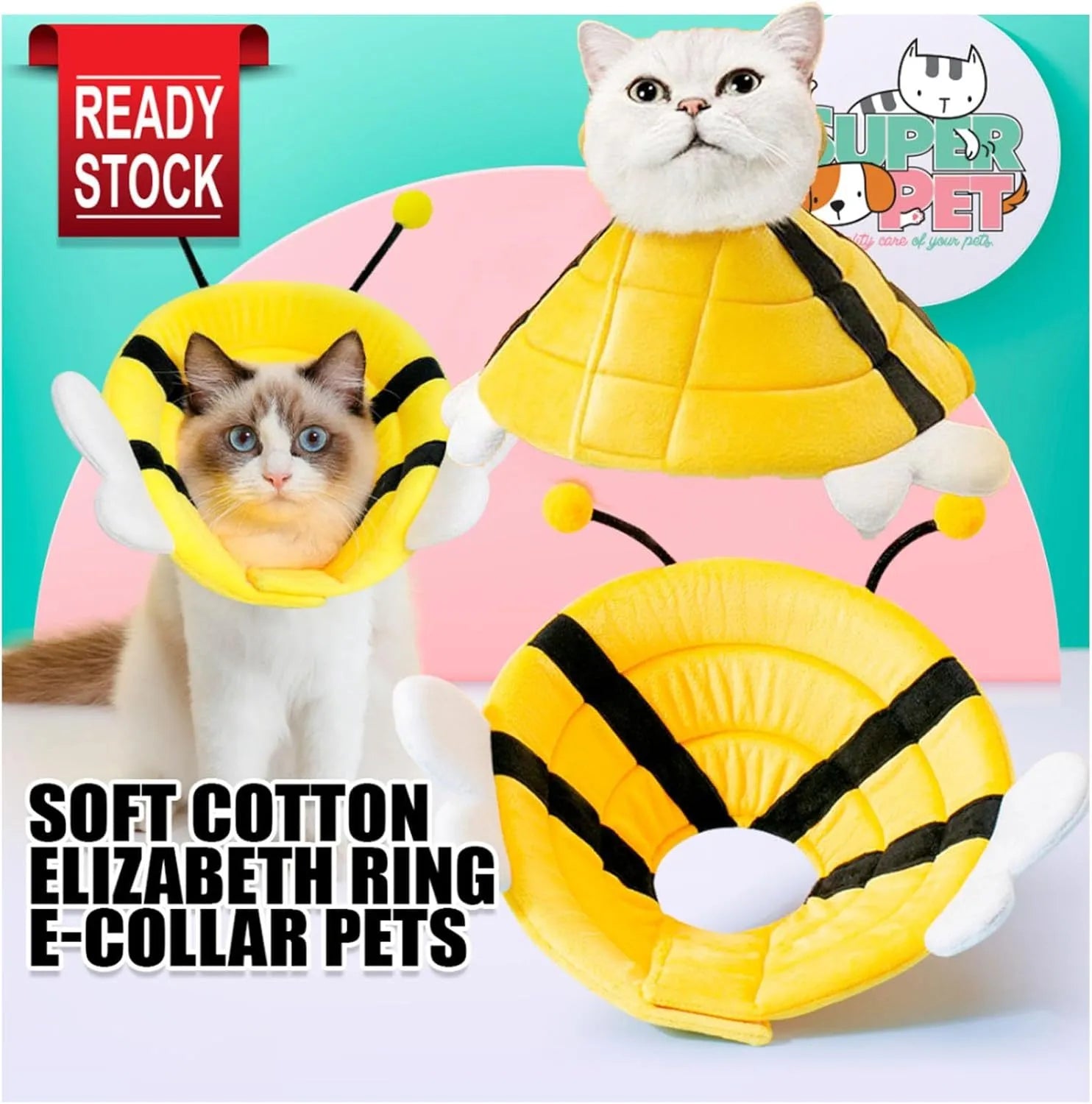 Soft cat cone collar with bee design showing Velcro closure and wide protective shape