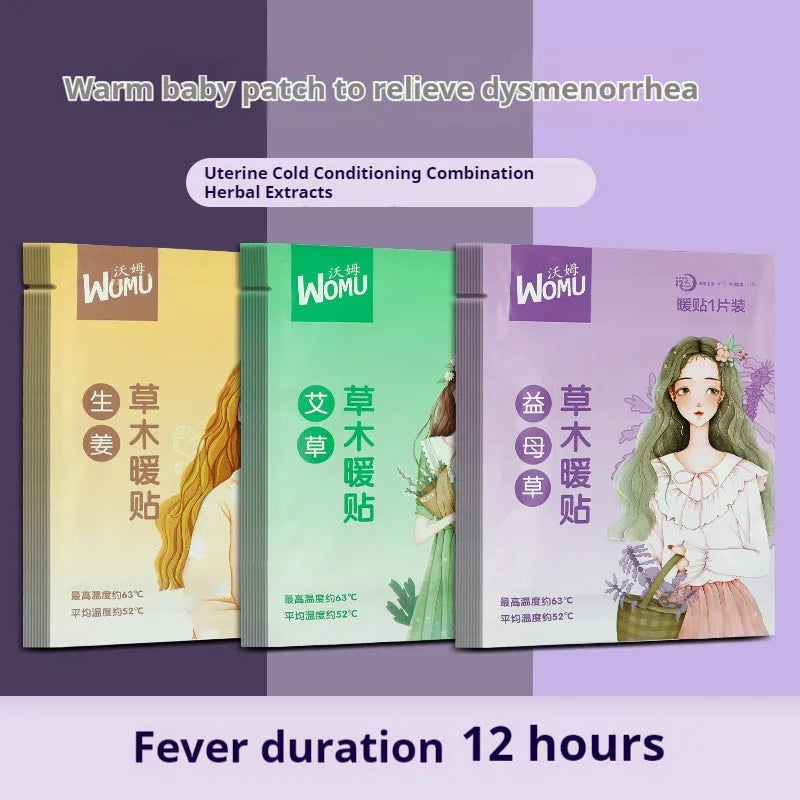 Self-heating uterus warming plaster pack showing Argy Wormwood, Ginger, Motherwort, and Sea Salt variants.
