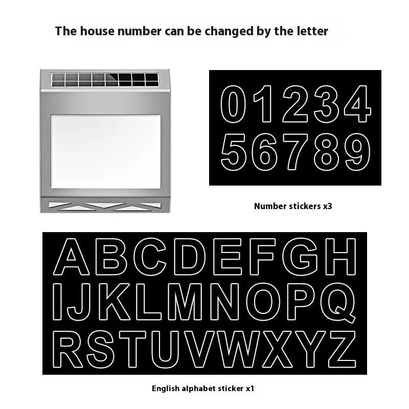 Black solar-powered doorplate light with LED digital numbers for outdoor house address illumination