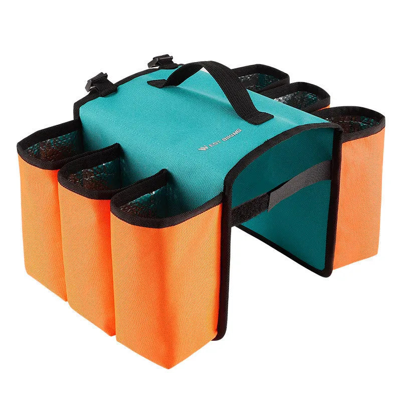 Black and blue orange bicycle double-sided anti-scratch shelf bag mounted on bike frame showing drink storage capacity