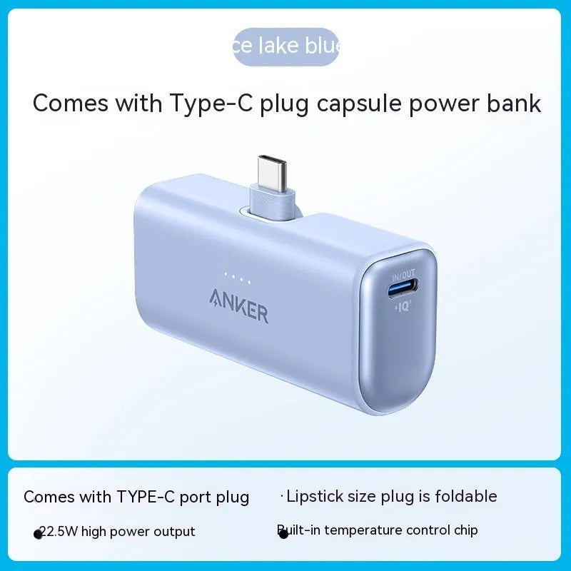 Capsule power bank 5000mAh portable charger with foldable Type-C head in five colour options