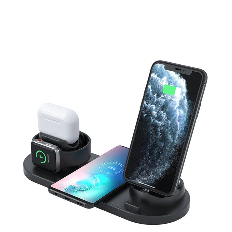 Black and white 6-in-1 wireless charging station for mobile phones, AirPods, and iWatch with USB cable