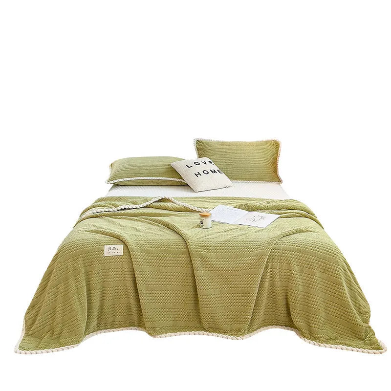 Solid colour jacquard milk velvet blanket in butter green, polyester throw for office nap, 120x200cm to 200x230cm