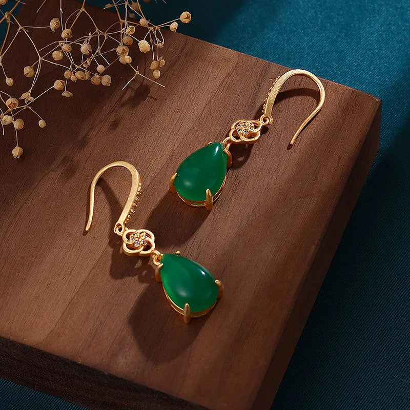 Gold-plated alloy drop earrings with Water Drop Jasper jade, unisex Chinese style for Hanfu and cheongsam