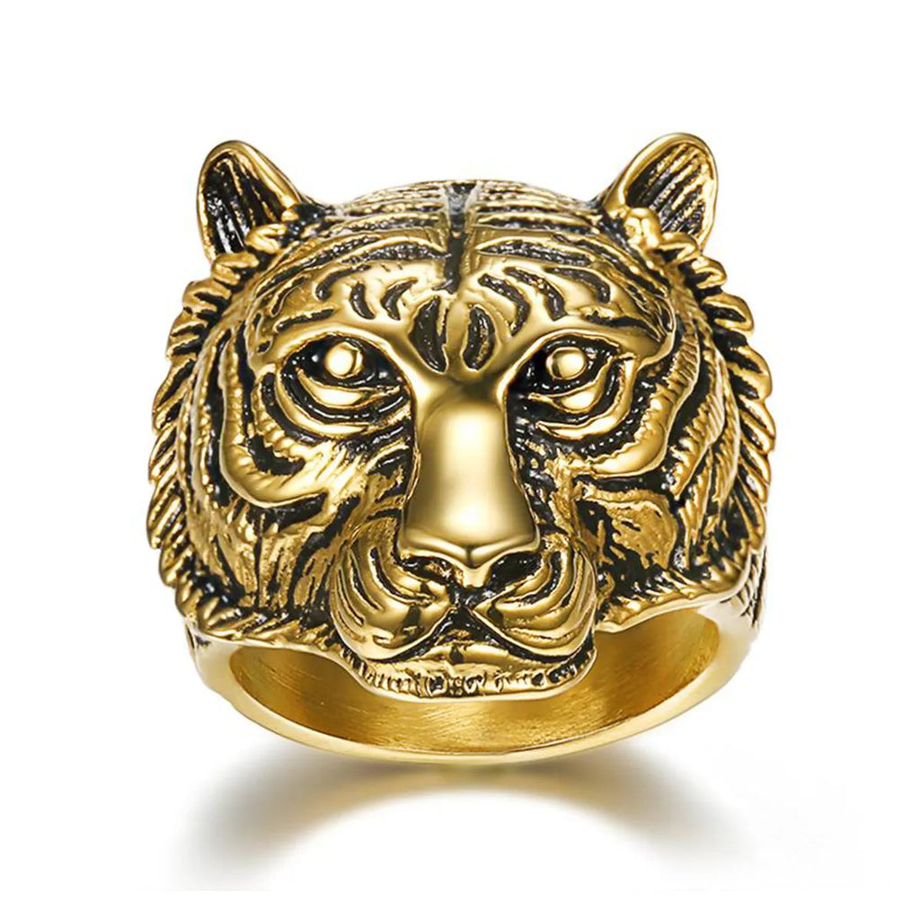 Retro tiger head stainless steel ring for women, steel colour, size No 10, fashion commuter style