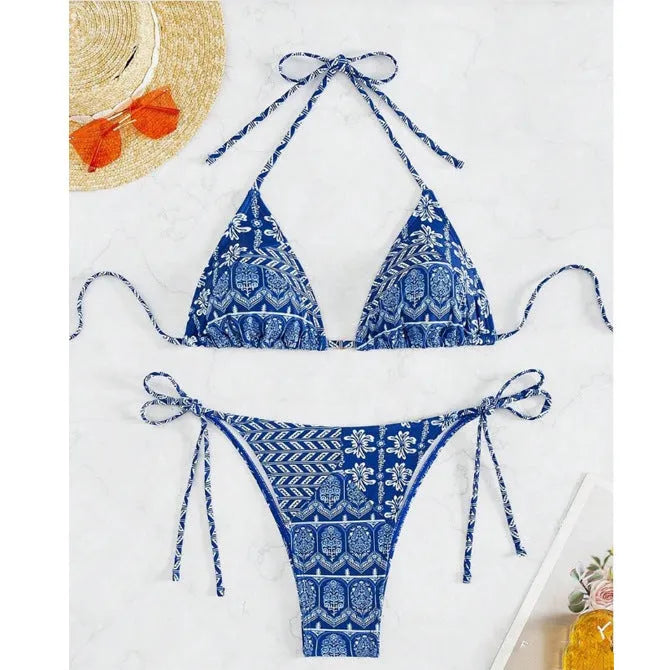 Women's split bikini swimsuit with bandage stitching detail in polyester fabric