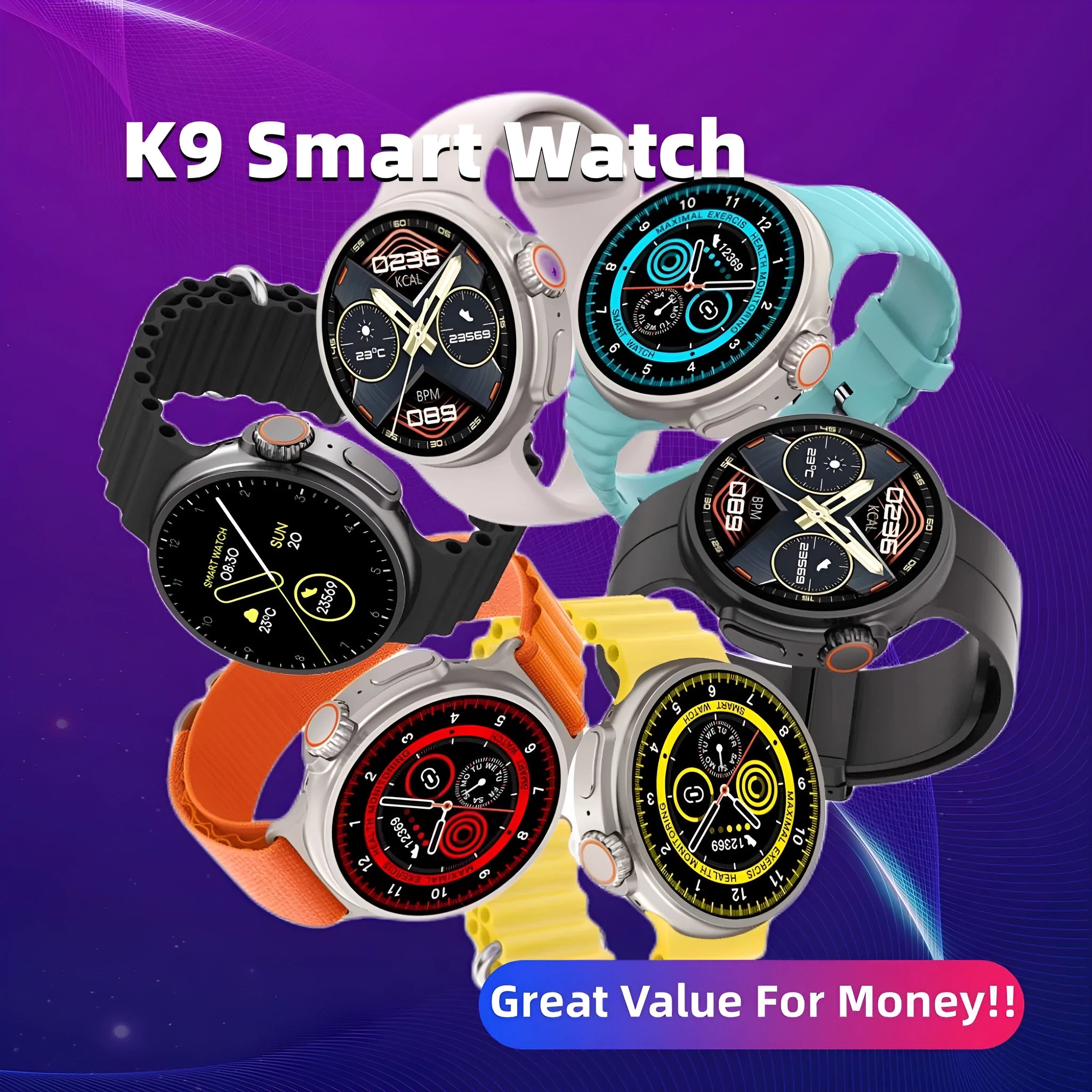 K9 smart watch with round screen in black, orange, silver brown, or yellow with silicone strap