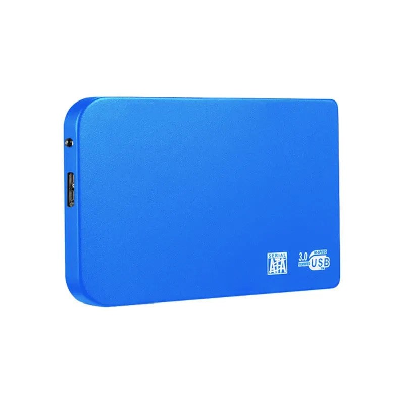 USB 3.0 solid state mobile hard drive in metal shell, showing black, blue, red, and silver colour options.