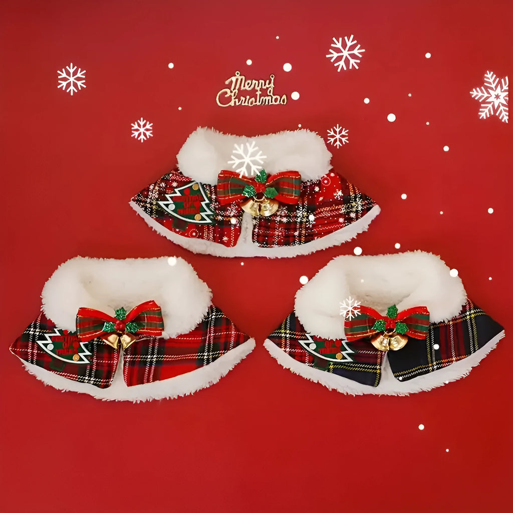 Festive pet scarf for cats and dogs with snowflake design and red background for Christmas and winter wear