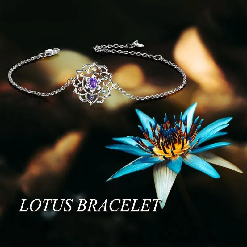 Seven chakra lotus pendant bracelet in sterling silver with white gold plated finish and adjustable cable chain