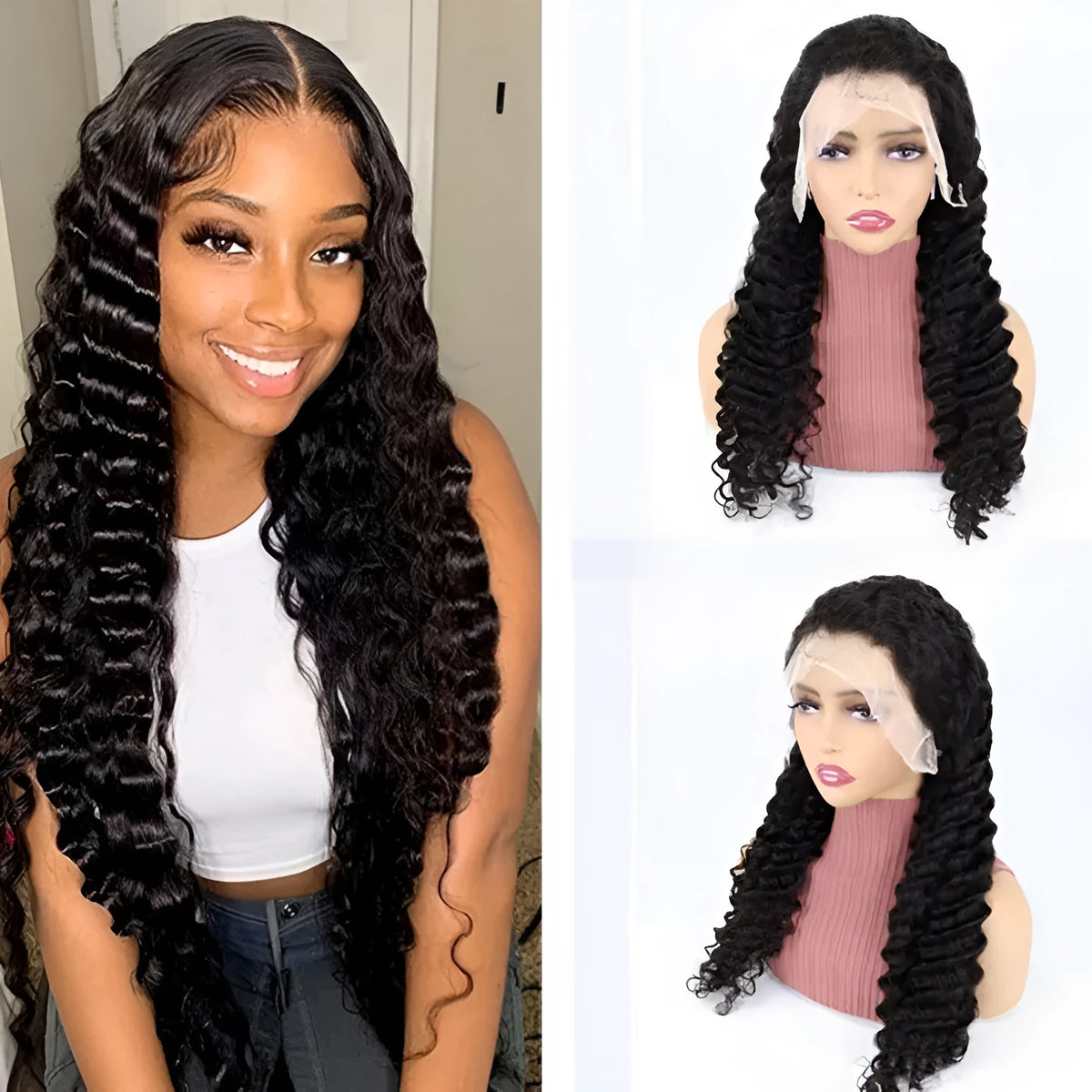 Solid colour human hair half lace wig shown in one of the available lengths between 18 and 34 inches.