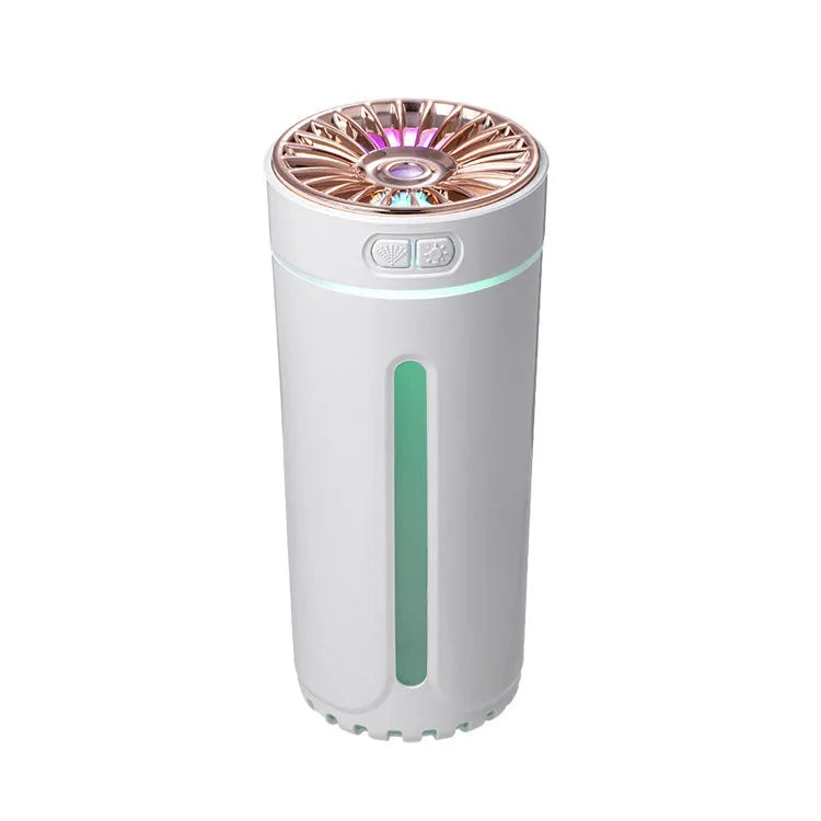 Black portable USB humidifier with colourful lights on car dashboard
