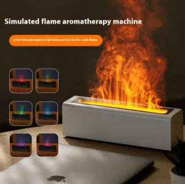 Square black USB aroma diffuser with colourful simulated flame light on a wooden table.