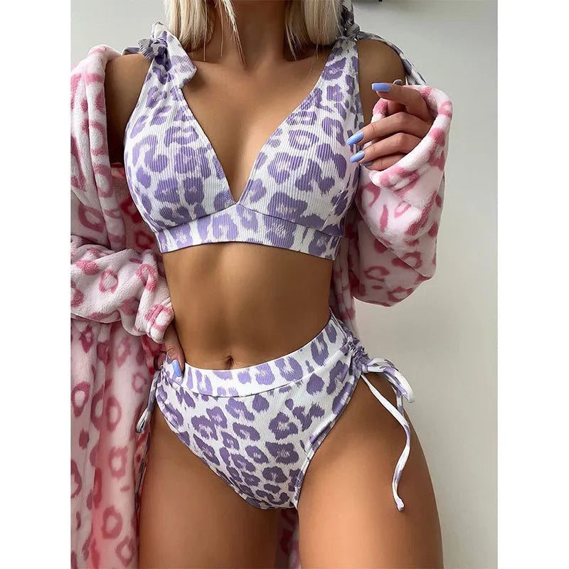 Women's purple leopard print lace-up chest cover high waist suit with sleeveless top and matching shorts