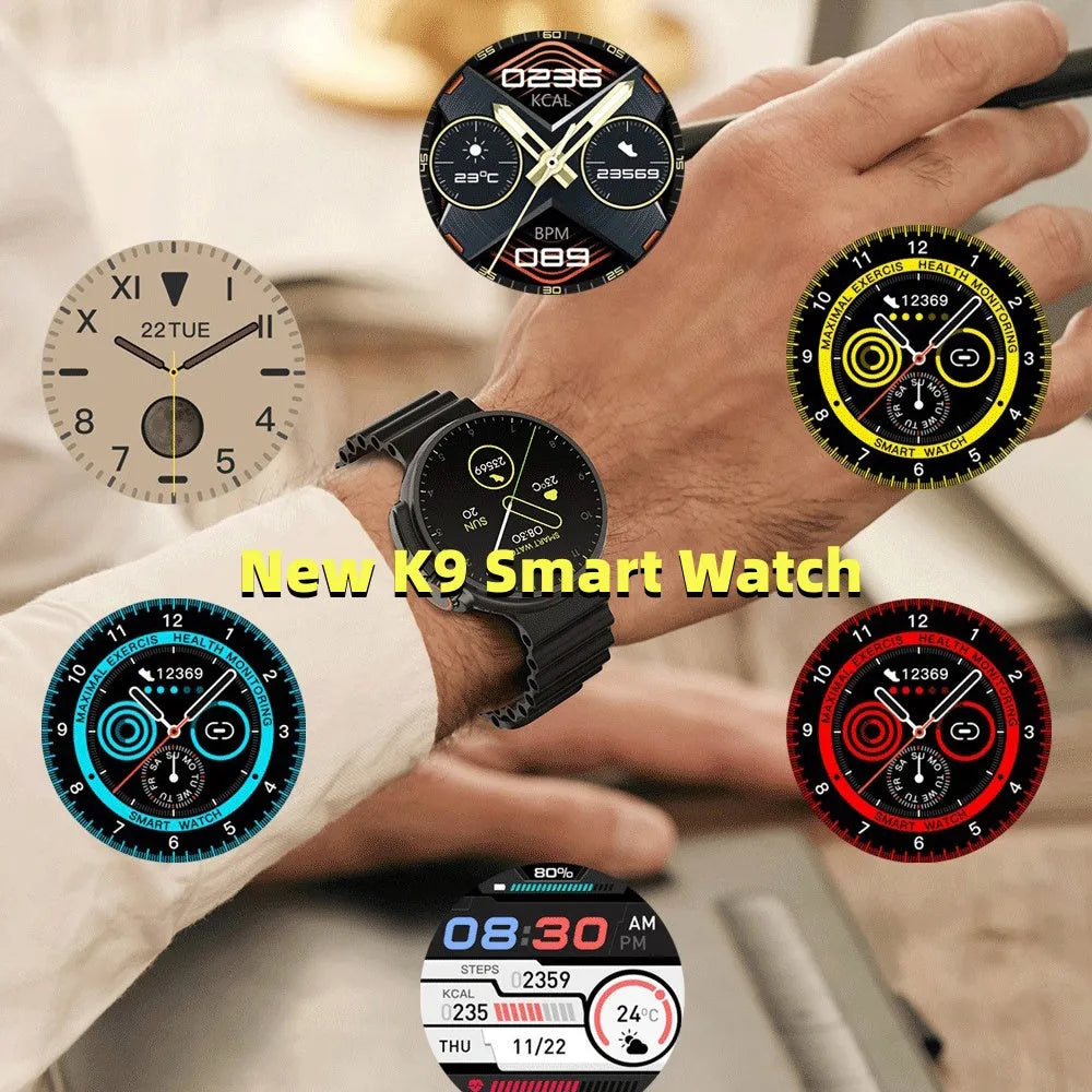 K9 smart watch with round screen in black, orange, silver brown, or yellow with silicone strap