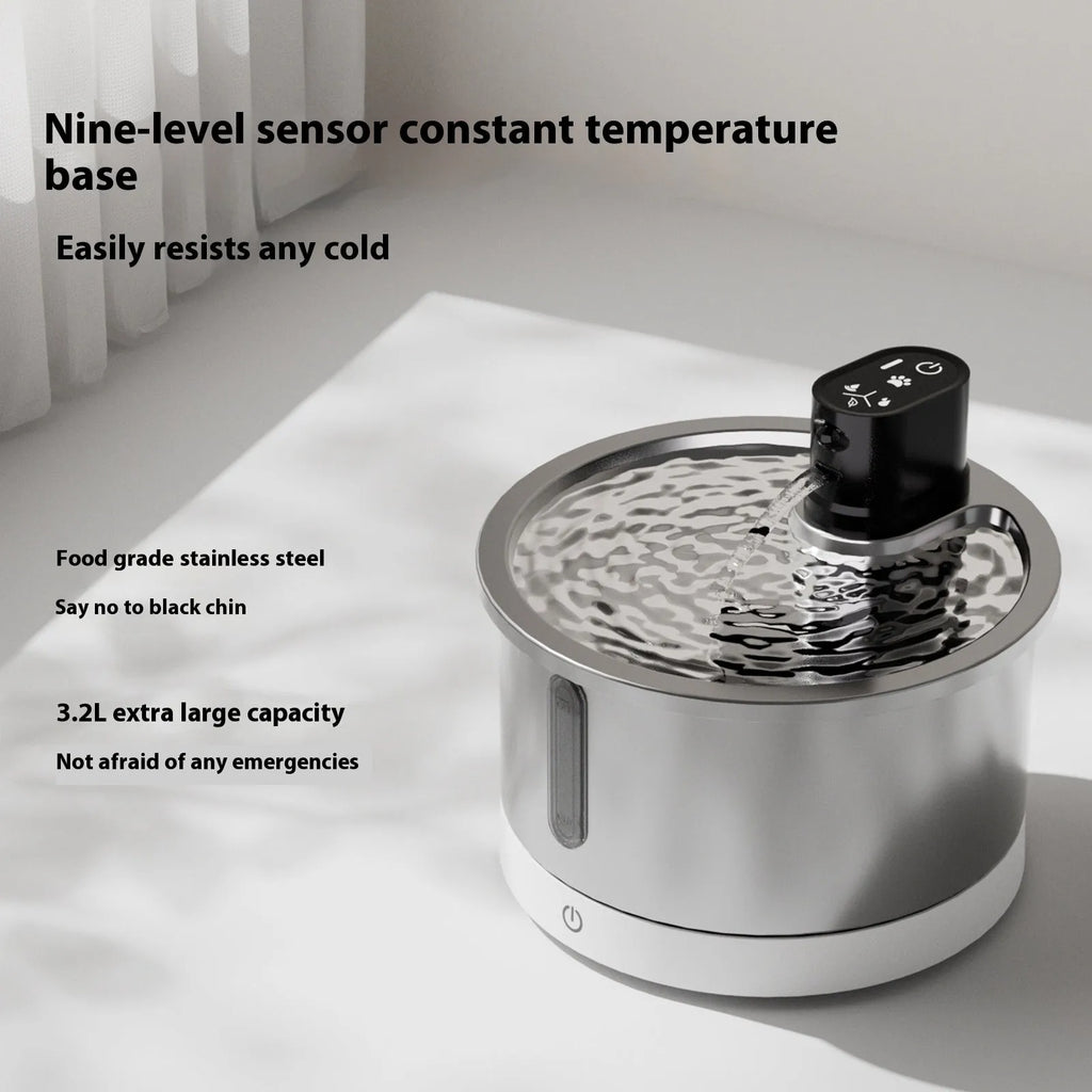 Stainless steel cat water fountain with heating base in black or white