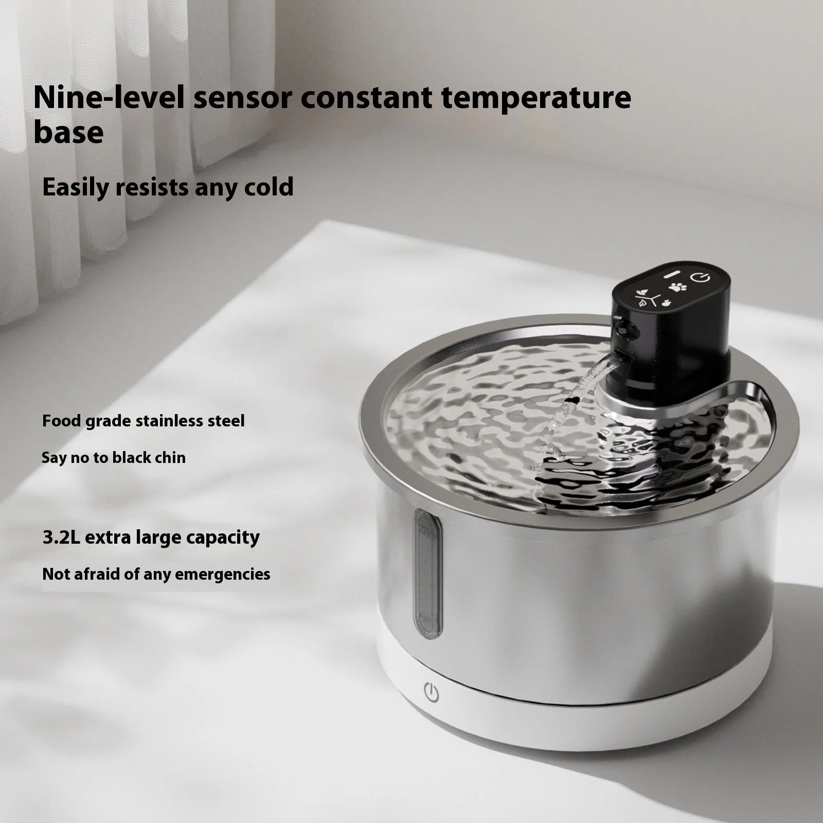 Stainless steel cat water fountain with heating base in black or white