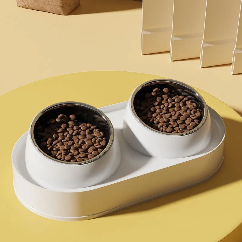 White elevated pet feeder with two tilted bowls on a stable plastic base, for cats and small dogs.