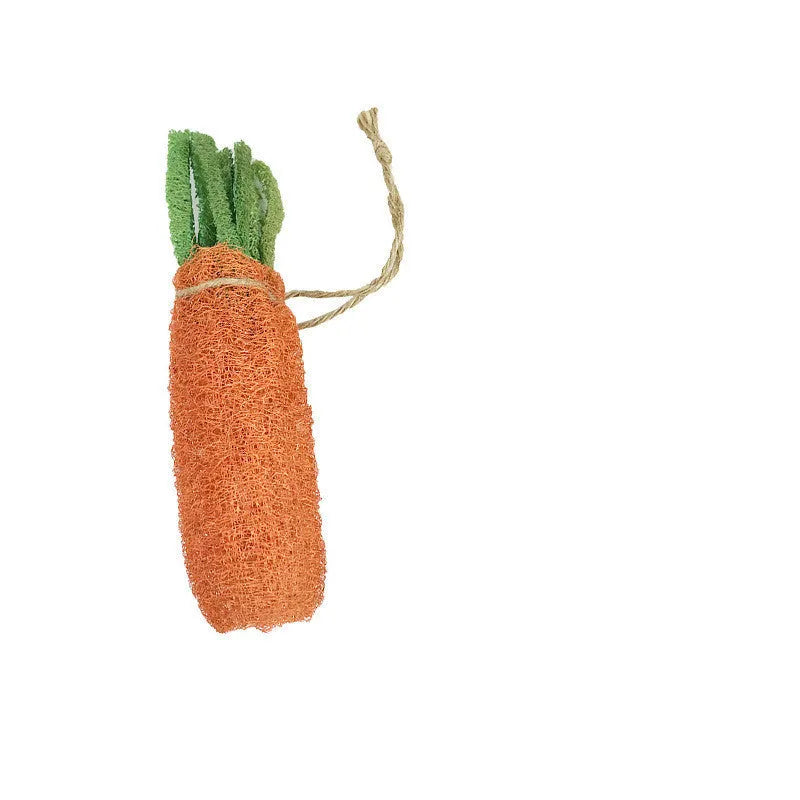 Natural loofah carrot chew toy 20cm for small pets, woven texture on white background