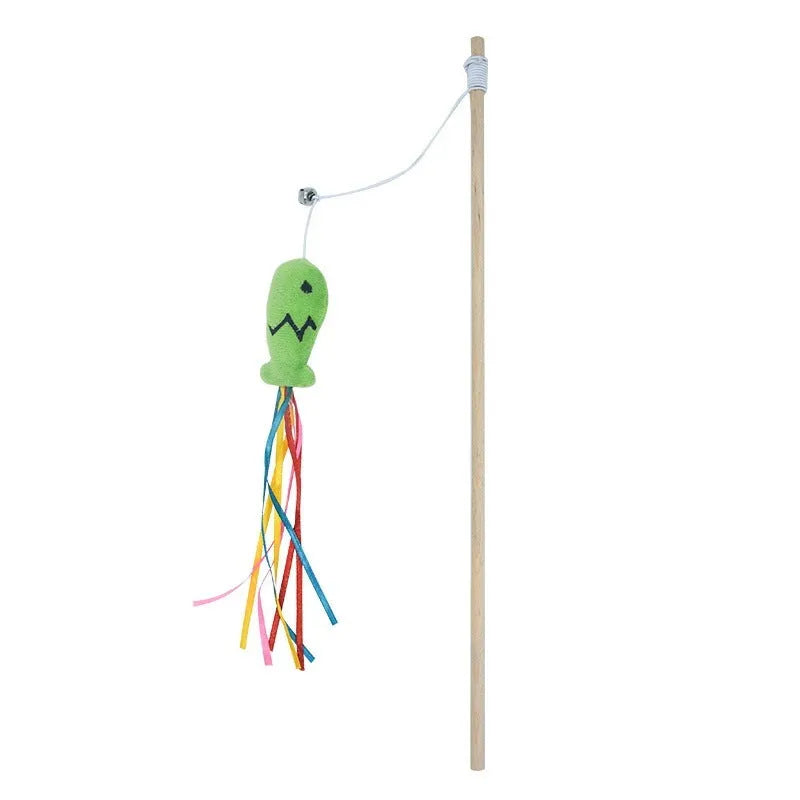 Blue cat wand toy with wooden handle, elastic string, catnip fish, ribbons, and bell.
