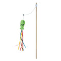 Blue cat wand toy with wooden handle, elastic string, catnip fish, ribbons, and bell.