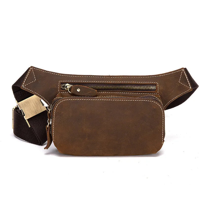 Brown cow leather men's sports waist bag with pull closure showing internal phone compartment