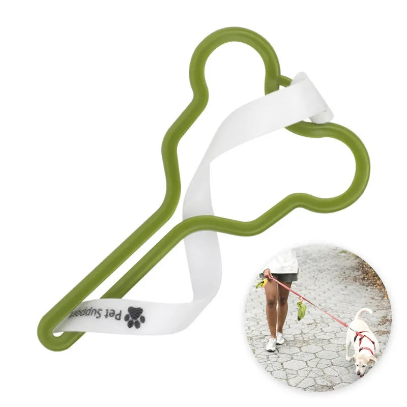 A hands-free dog poop bag holder with a clip and Velcro strap, shown in a random colour from the available selection.