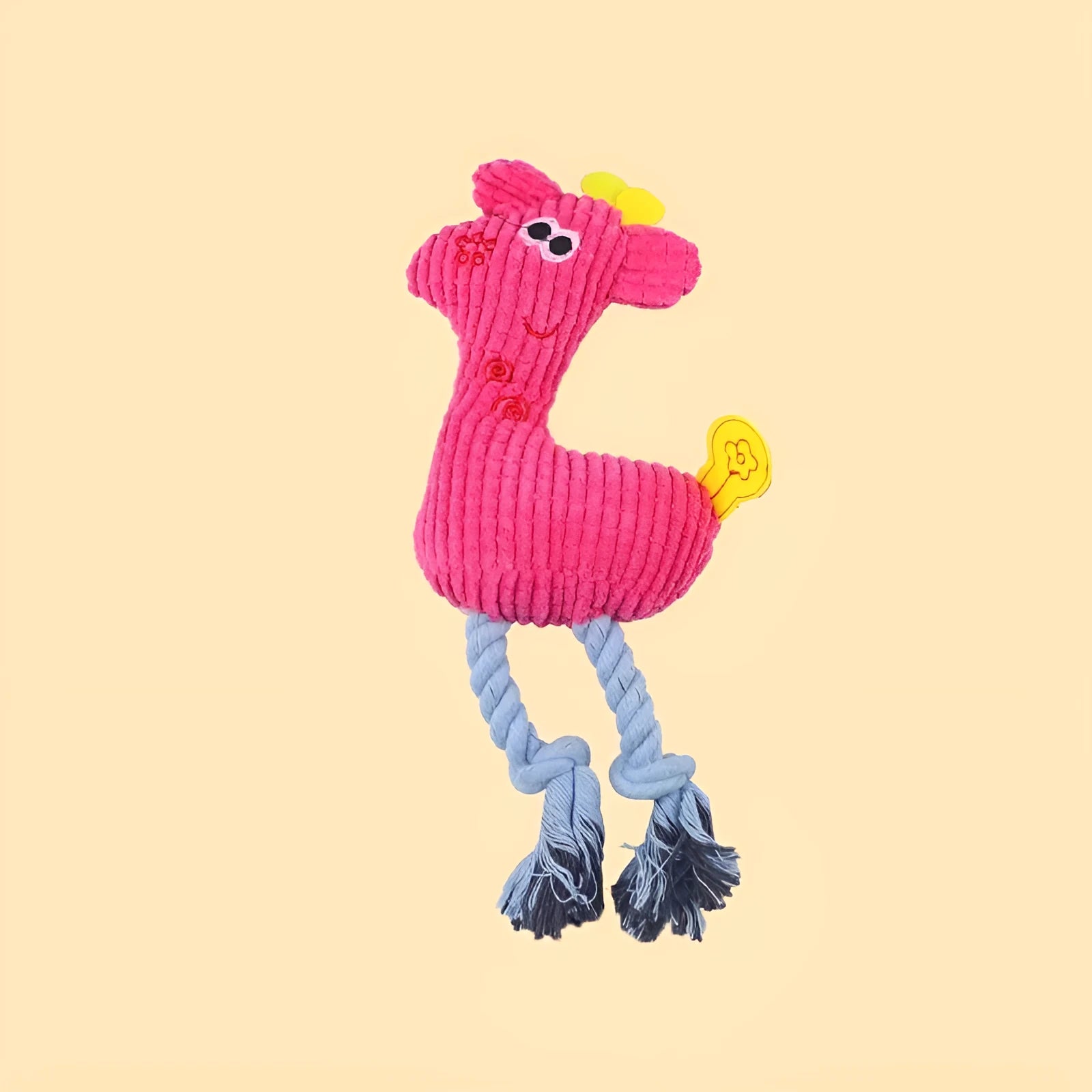 Deer shaped plush dog toy with corn grain texture in blue, pink, and yellow colours