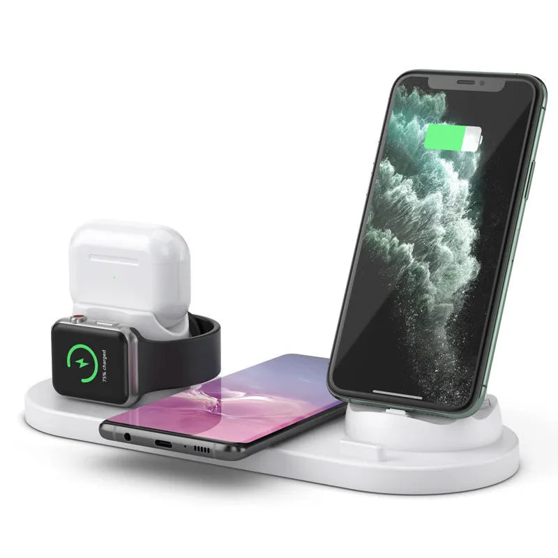 Black and white 6-in-1 wireless charging station for mobile phones, AirPods, and iWatch with USB cable