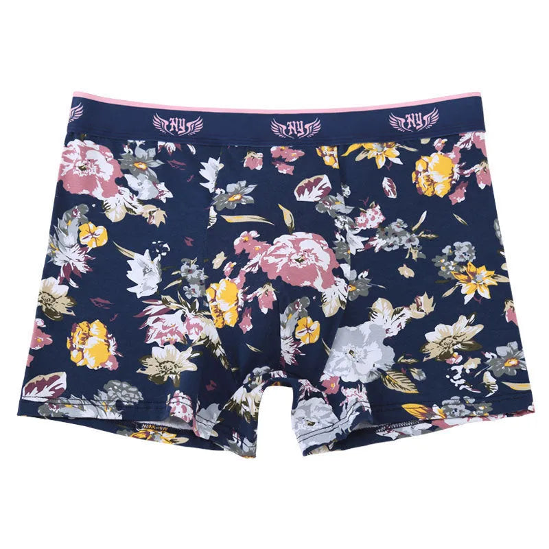 Men's cotton boxer underwear with floral pattern and U-shaped convex design in extended plus sizes
