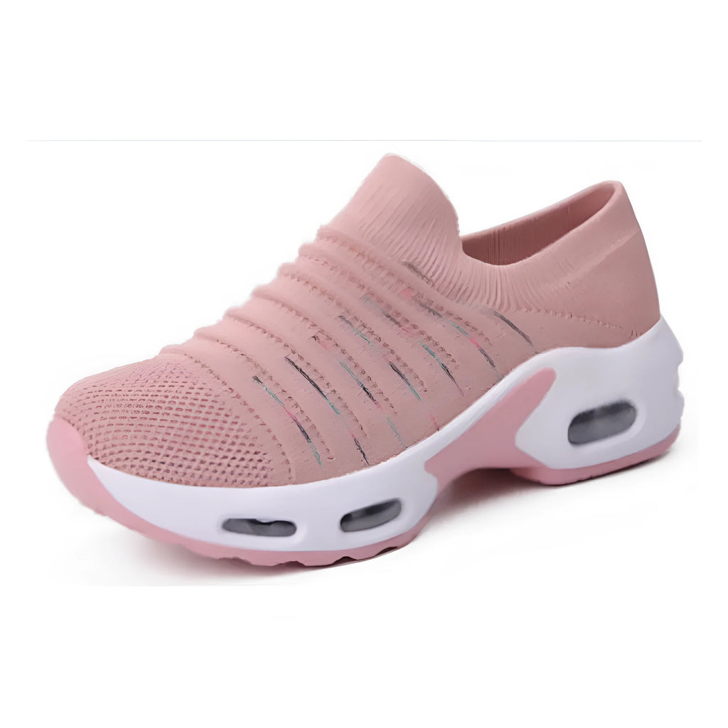 Women's stretch knitted socks shoes with mesh upper in dark blue colour showing round toe shape